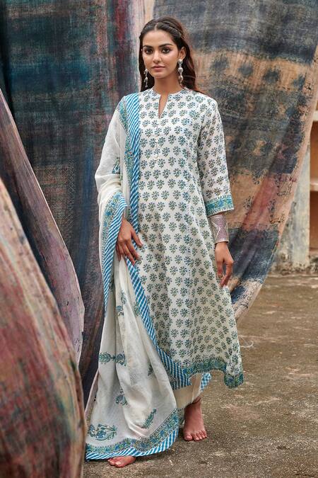 Buy_Karaj Jaipur_Blue Chanderi, Cotton Gota Patti, Embroidery Butti Pattern Kurta Pant Set _Online_at_Aza_Fashions