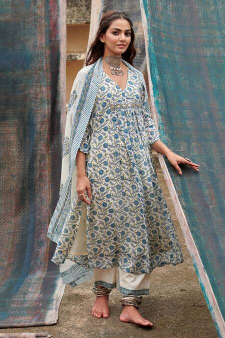 Buy Karaj Jaipur Blue Chanderi, Cotton Sequins V-neck Jaal Pattern V Kurta Pant Set Online at Aza Fashions Buy_Karaj Jaipur_Blue Chanderi, Cotton Sequins V-neck Jaal Pattern V Kurta Pant Set _Online_at_Aza_Fashions