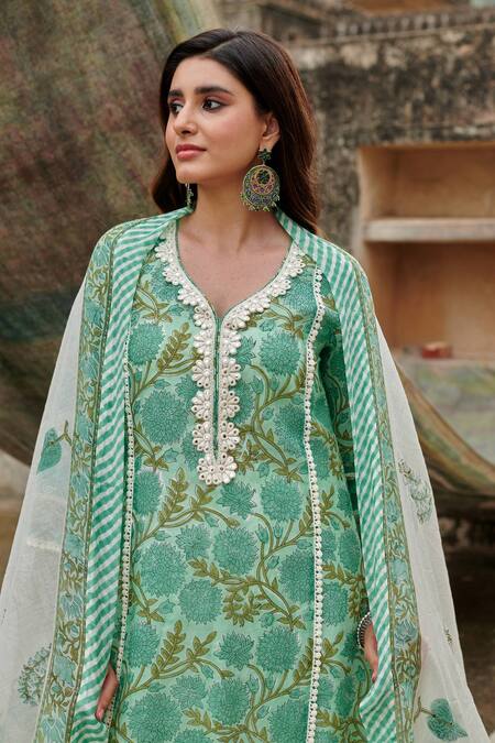 Buy Karaj Jaipur Green Chanderi, Cotton Lace, Embroidery Jaal Print Leaf Neck Kurta Pant Set Online at Aza Fashions Buy_Karaj Jaipur_Green Chanderi, Cotton Lace, Embroidery Jaal Print Leaf Neck Kurta Pant Set _Online_at_Aza_Fashions