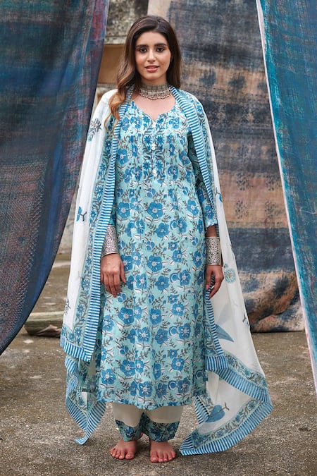 KARAJ JAIPUR Blue Kurta And Dupatta Pure Mul Chanderi Printed Floral Jaal Pattern Pant Set 