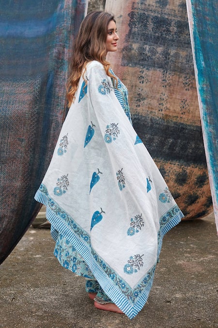 Shop Karaj Jaipur Blue Chanderi, Cotton Split V-neck Floral Jaal Pattern Kurta Pant Set Online at Aza Fashions Shop_Karaj Jaipur_Blue Chanderi, Cotton Split V-neck Floral Jaal Pattern Kurta Pant Set _Online_at_Aza_Fashions