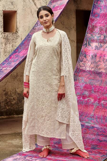 Karaj Jaipur_Ivory Chanderi, Cotton, Chiffon Embroidery Split V-neck Kurta Pant Set_Online_at_Aza_Fashions