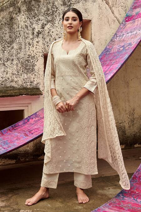 Buy_Karaj Jaipur_Ivory Kurta Chanderi Embroidered Chikankari Notched Set _Online_at_Aza_Fashions