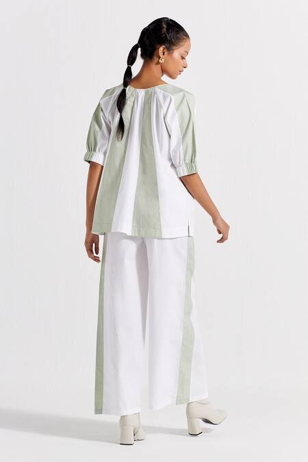 Shop_Three_Green Poplin Round Neck Colorblock Panelled Top _at_Aza_Fashions