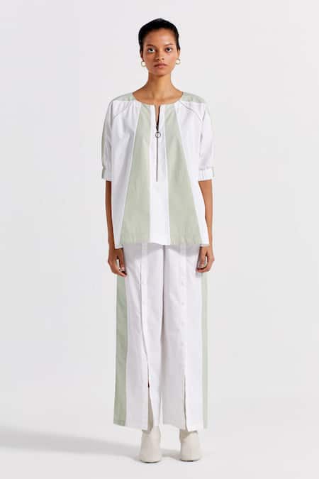 Three_Green Poplin Round Neck Colorblock Panelled Top _Online_at_Aza_Fashions