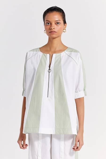 Shop_Three_Green Poplin Round Neck Colorblock Panelled Top _Online_at_Aza_Fashions