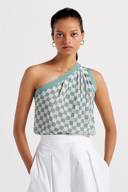 THREE One Shoulder Checkered Pattern Top 