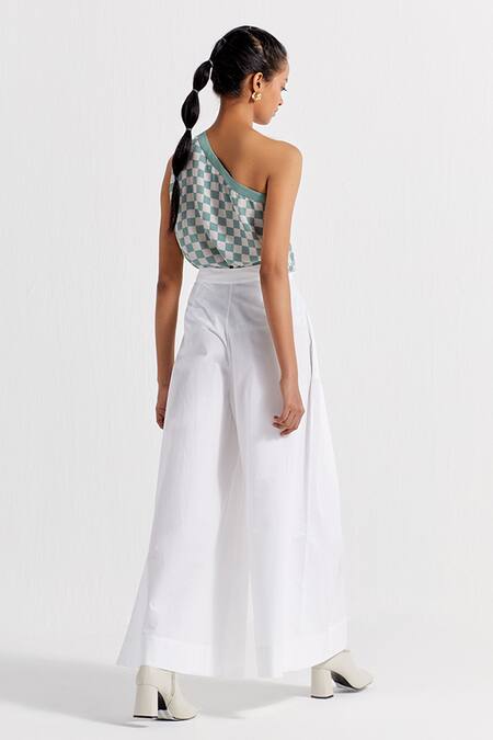 Shop Three Green Crepe One Shoulder Checkered Pattern Top at Aza Fashions Shop_Three_Green Crepe One Shoulder Checkered Pattern Top _at_Aza_Fashions