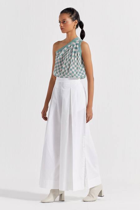 Buy Three Green Crepe One Shoulder Checkered Pattern Top Online at Aza Fashions Buy_Three_Green Crepe One Shoulder Checkered Pattern Top _Online_at_Aza_Fashions
