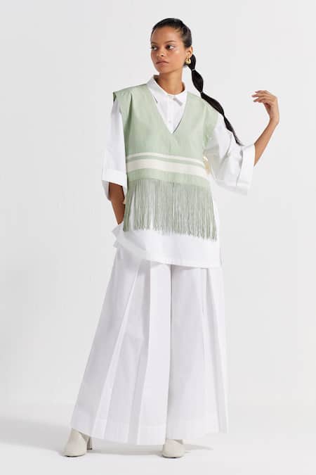 Three_White Poplin Tassels Collared Fringe Overlay Shirt _Online_at_Aza_Fashions