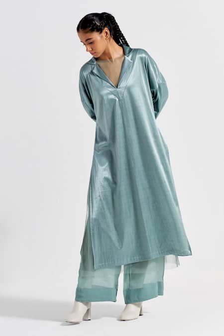 Three_Green Organza Plain High Waist Flared Pant  _Online_at_Aza_Fashions