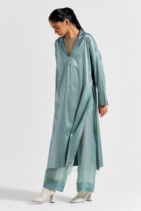 Shop_Three_Green Organza Plain High Waist Flared Pant  _Online_at_Aza_Fashions