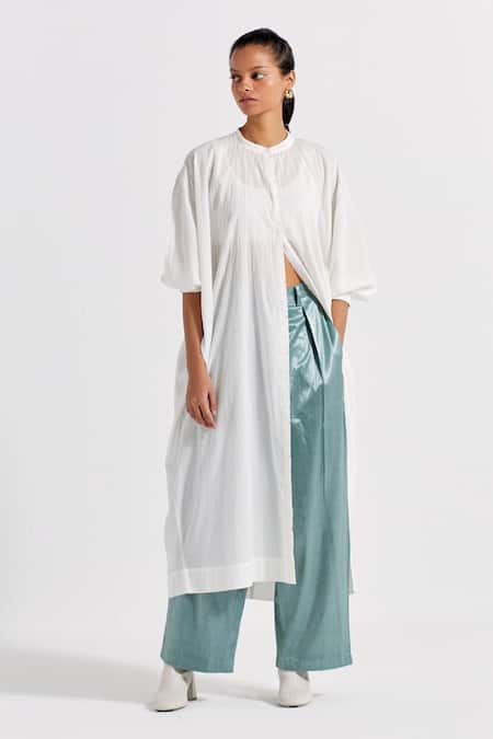 Three_Green Satin Lycra Plain High Waist Pleated Flared Pant  _Online_at_Aza_Fashions