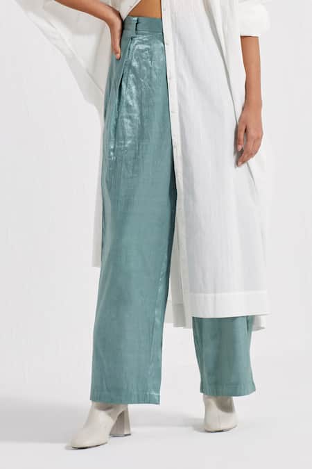 Buy_Three_Green Satin Lycra Plain High Waist Pleated Flared Pant  _Online_at_Aza_Fashions