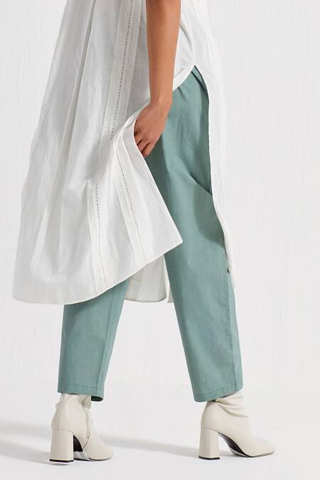 Shop_Three_Green Poplin Plain New Narrow Pant  _Online_at_Aza_Fashions