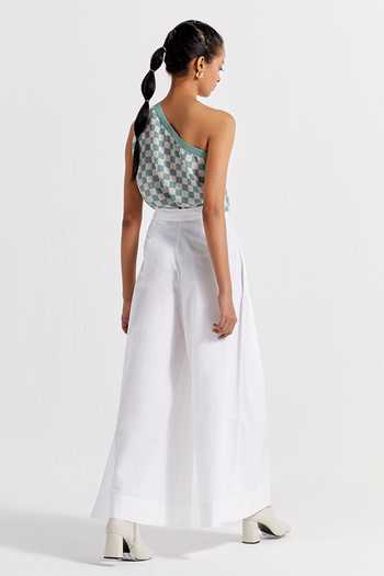 Shop Three White Poplin Plain Inverted Box Pleated Flared Pant at Aza Fashions Shop_Three_White Poplin Plain Inverted Box Pleated Flared Pant _at_Aza_Fashions