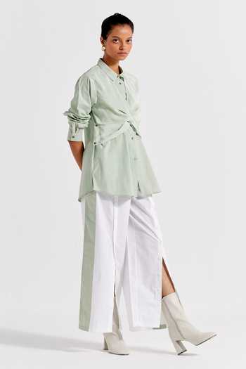 Buy Three White Poplin Plain Panel Snap Button Colorblock Pant at Aza Fashions Buy_Three_White Poplin Plain Panel Snap Button Colorblock Pant _at_Aza_Fashions