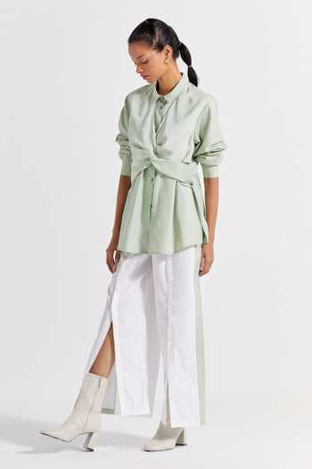 Shop Three White Poplin Plain Panel Snap Button Colorblock Pant at Aza Fashions Shop_Three_White Poplin Plain Panel Snap Button Colorblock Pant _at_Aza_Fashions