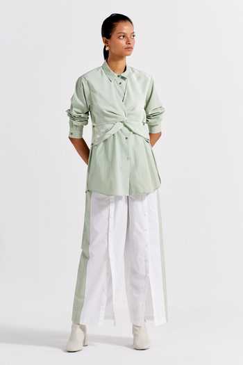Three White Poplin Plain Panel Snap Button Colorblock Pant Online at Aza Fashions Three_White Poplin Plain Panel Snap Button Colorblock Pant _Online_at_Aza_Fashions