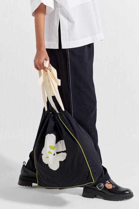 Shop_Three_Black Handloom Cotton Embroidery Floral Applique Cargo Pant  _Online_at_Aza_Fashions