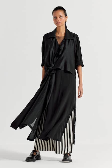 Buy_Three_Black Poplin Stripe Pattern Flared Pant  _Online_at_Aza_Fashions