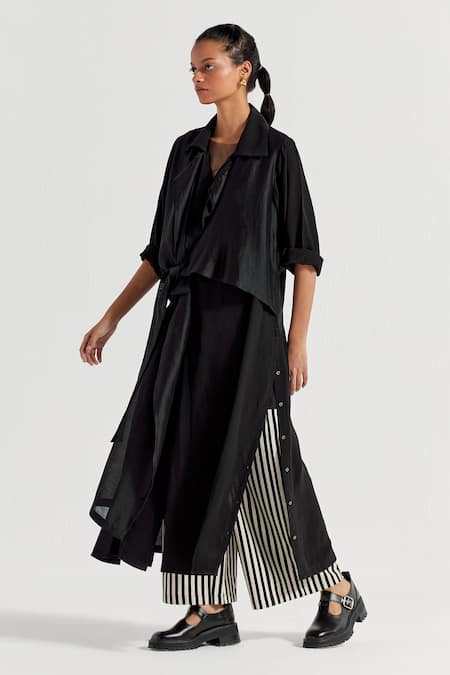 Shop_Three_Black Poplin Stripe Pattern Flared Pant  _Online_at_Aza_Fashions