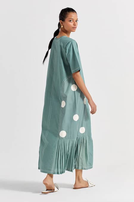 Buy_Three_Green Crepe, Poplin Open Neck Polka Dot Pattern Dress _Online_at_Aza_Fashions