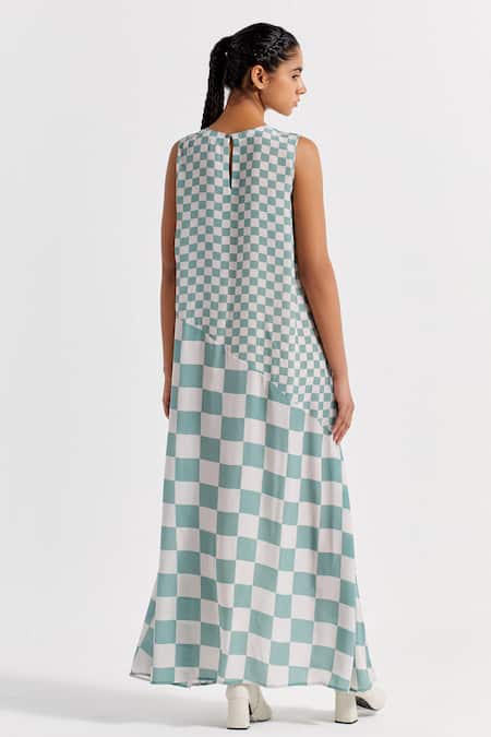 Shop_Three_Green Crepe Round Neck Checkered Pattern Asymmetric Dress _at_Aza_Fashions