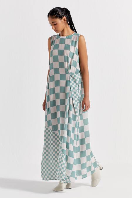 Buy_Three_Green Crepe Round Neck Checkered Pattern Asymmetric Dress _Online_at_Aza_Fashions