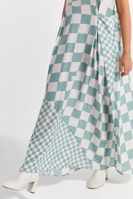 Shop_Three_Green Crepe Round Neck Checkered Pattern Asymmetric Dress _Online_at_Aza_Fashions