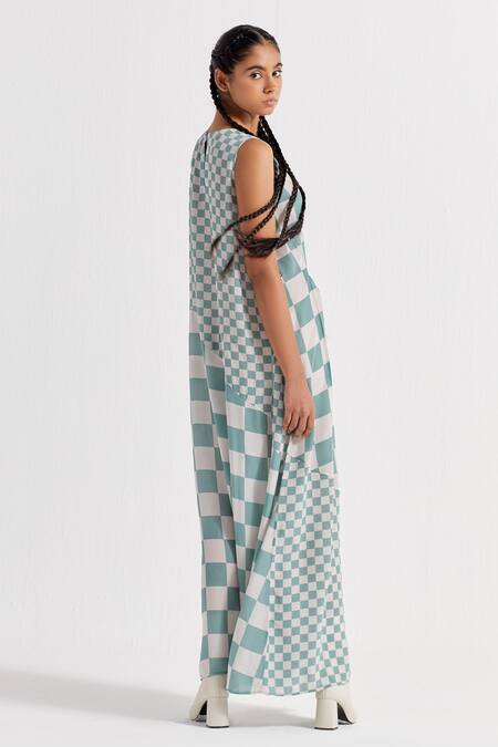 Three_Green Crepe Round Neck Checkered Pattern Asymmetric Dress _at_Aza_Fashions