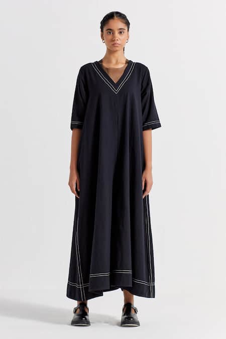 Three_Black Handloom Cotton Embroidery V-neck Thread Border Jumpsuit _Online_at_Aza_Fashions