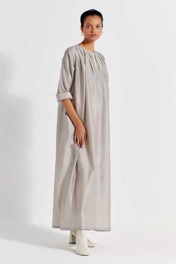 Buy Three Grey Chanderi Round Neck Gathered Dress at Aza Fashions Buy_Three_Grey Chanderi Round Neck Gathered Dress _at_Aza_Fashions