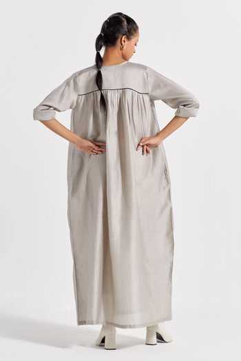 Shop Three Grey Chanderi Round Neck Gathered Dress at Aza Fashions Shop_Three_Grey Chanderi Round Neck Gathered Dress _at_Aza_Fashions