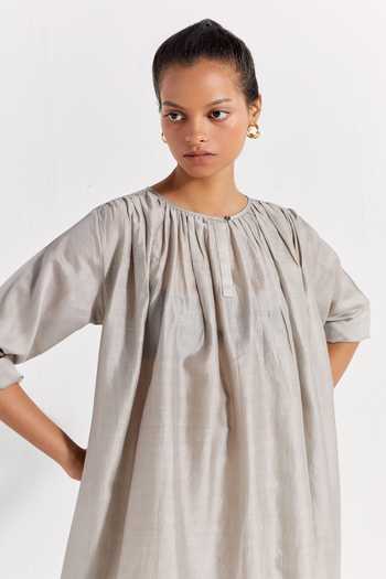 Three Grey Chanderi Round Neck Gathered Dress Online at Aza Fashions Three_Grey Chanderi Round Neck Gathered Dress _Online_at_Aza_Fashions