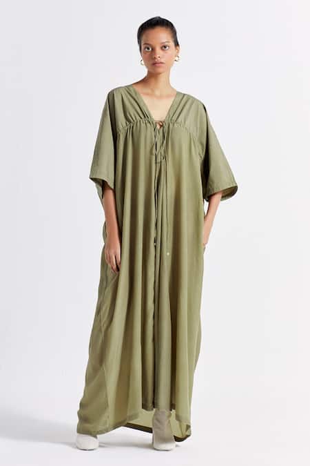 Three Green Poplin V-neck V Kaftan 