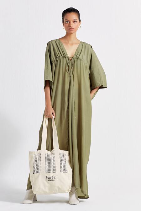 Three Green Poplin V-neck V Kaftan at Aza Fashions Three_Green Poplin V-neck V Kaftan _at_Aza_Fashions