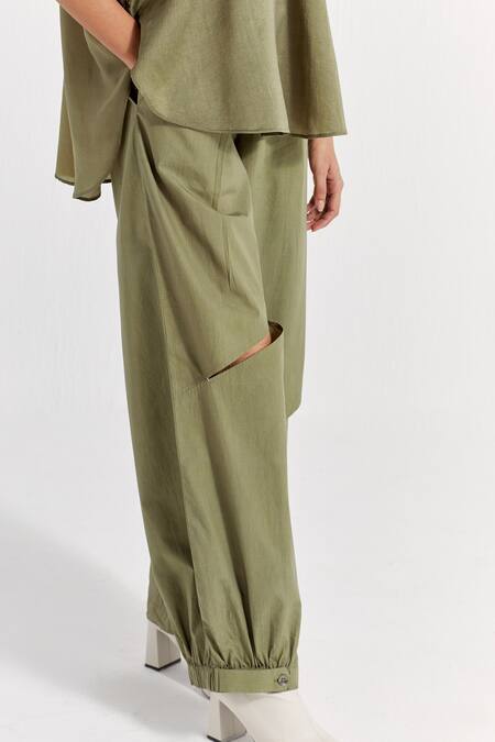 Shop_Three_Green 100% Cotton Poplin Solid Straight Pant  _Online_at_Aza_Fashions