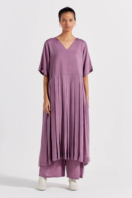 Three_Purple Bemberg Solid Plain High-waisted Broad Pant  _Online_at_Aza_Fashions