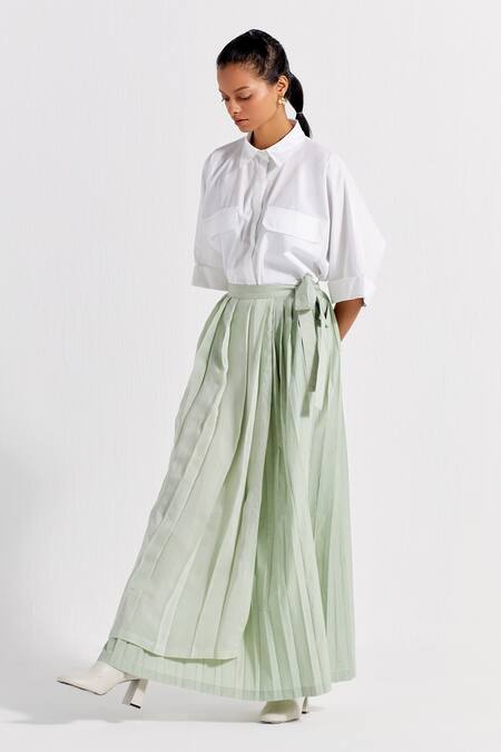 Three_Green Crepe, Cotton Solid Asymmetric Skirt _Online_at_Aza_Fashions