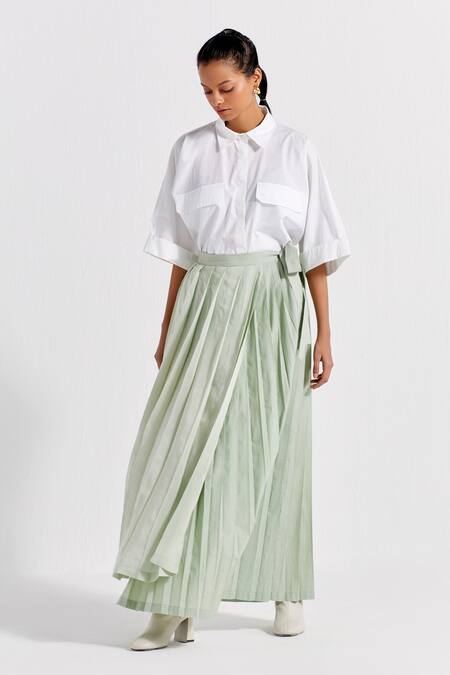Buy_Three_Green Crepe, Cotton Solid Asymmetric Skirt _Online_at_Aza_Fashions