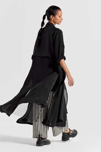 Shop Three Black Crepe Collared Solid Front Tie-up Jacket at Aza Fashions Shop_Three_Black Crepe Collared Solid Front Tie-up Jacket _at_Aza_Fashions