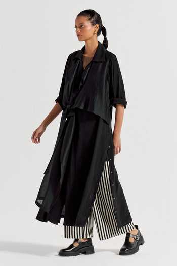Shop Three Black Crepe Collared Solid Front Tie-up Jacket Online at Aza Fashions Shop_Three_Black Crepe Collared Solid Front Tie-up Jacket _Online_at_Aza_Fashions
