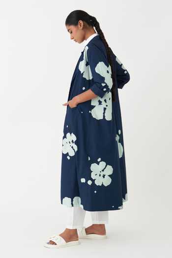Three_Blue Cotton Collared Floral Print Jacket _at_Aza_Fashions