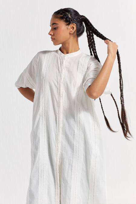 Shop Three White Handwoven Cotton Mul Embroidered Thread Band Collar Frayed Edge Tunic Online at Aza Fashions Shop_Three_White Handwoven Cotton Mul Embroidered Thread Band Collar Frayed Edge Tunic _Online_at_Aza_Fashions