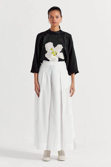 THREE_Black Cotton High Neck Floral Applique Top _Online_at_Aza_Fashions