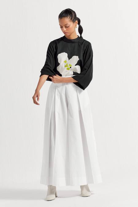Buy_THREE_Black Cotton High Neck Floral Applique Top _Online_at_Aza_Fashions