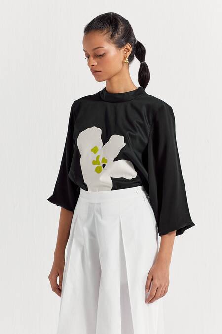 Shop_THREE_Black Cotton High Neck Floral Applique Top _Online_at_Aza_Fashions