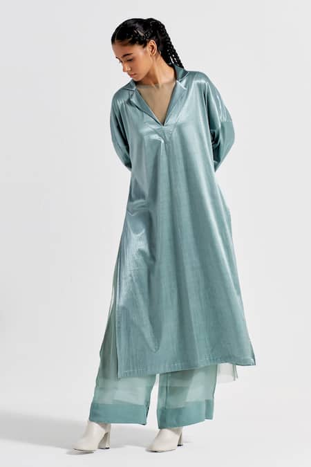 Three_Green Tunic Satin Lycra Plain Tunic Notched Lapel And Pant Co-ord Set  _Online_at_Aza_Fashions