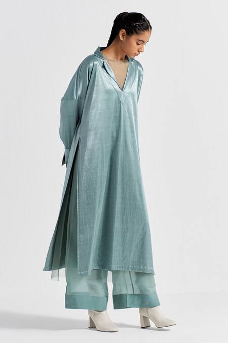 Buy_Three_Green Tunic Satin Lycra Plain Tunic Notched Lapel And Pant Co-ord Set  _Online_at_Aza_Fashions